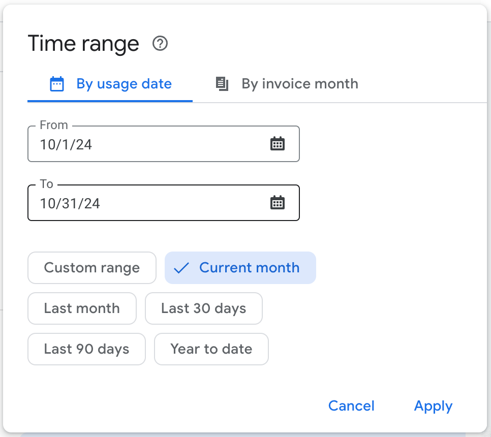 הגדרה של המסנן Time range.