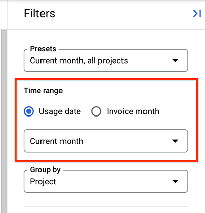 La configuración del intervalo de tiempo del informe en el panel de filtros.