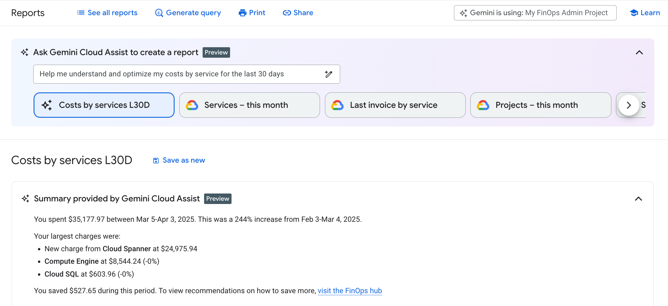 Os recursos do Gemini Cloud Assist no Cloud Billing estão ativados para uso nos relatórios de faturamento.