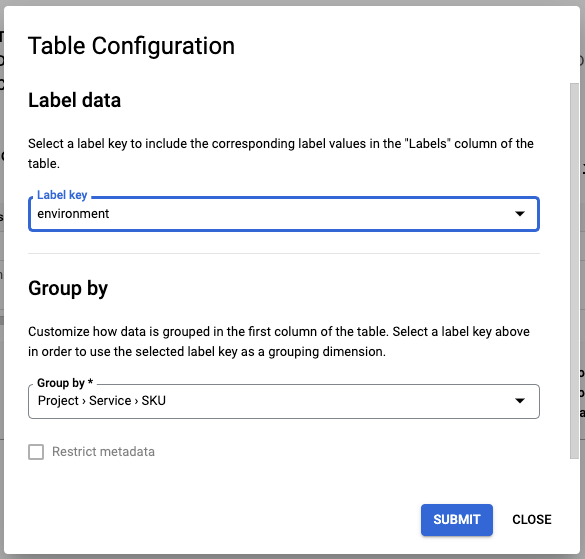 Caixa de diálogo de configuração da tabela.