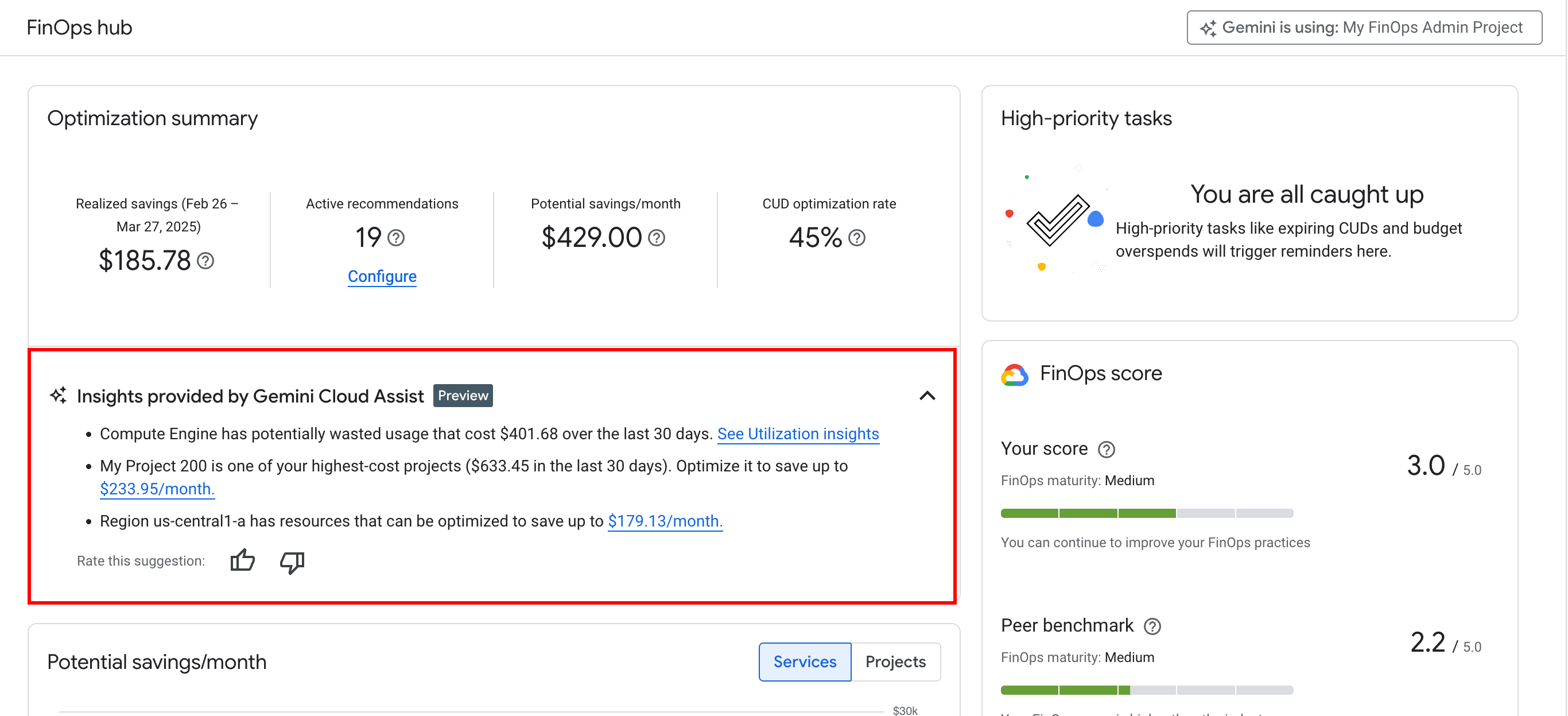 Gemini Cloud Assist in Cloud Billing features are enabled for use in the FinOps hub.