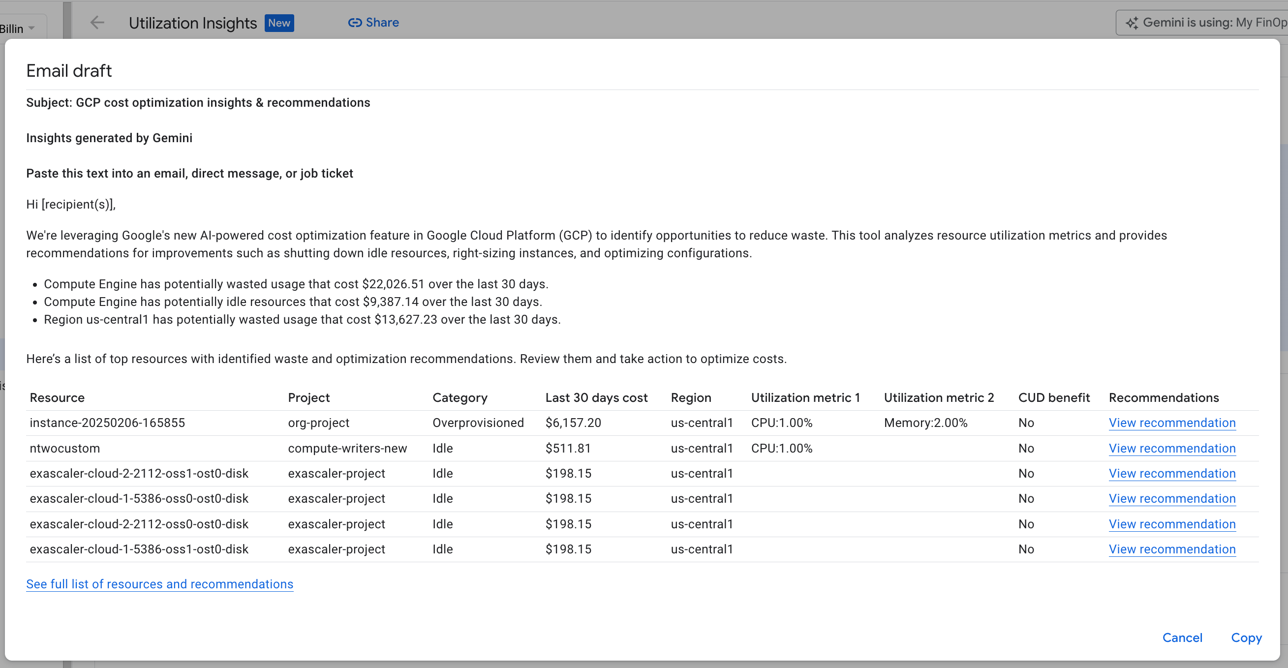 Beispiel für einen von Gemini generierten E-Mail-Entwurf mit Informationen zur Nutzung, erkannten Ineffizienzen und Optimierungsempfehlungen.