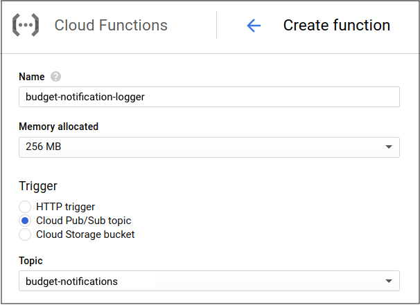 A página &quot;Criar função&quot; na seção &quot;Funções do Cloud Run&quot; no console do Google Cloud. Ela inclui o nome da função, o volume de memória alocada, o tipo de gatilho e o tópico do Pub/Sub que você configurou no seu orçamento.