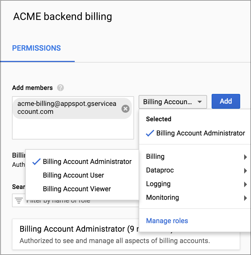 Die Abbildung zeigt, wo im Bereich &quot;Berechtigungen&quot; der Google Cloud Console der Name des Dienstkontos und die Rolle &quot;Rechnungskontoadministrator&quot; ausgewählt werden.