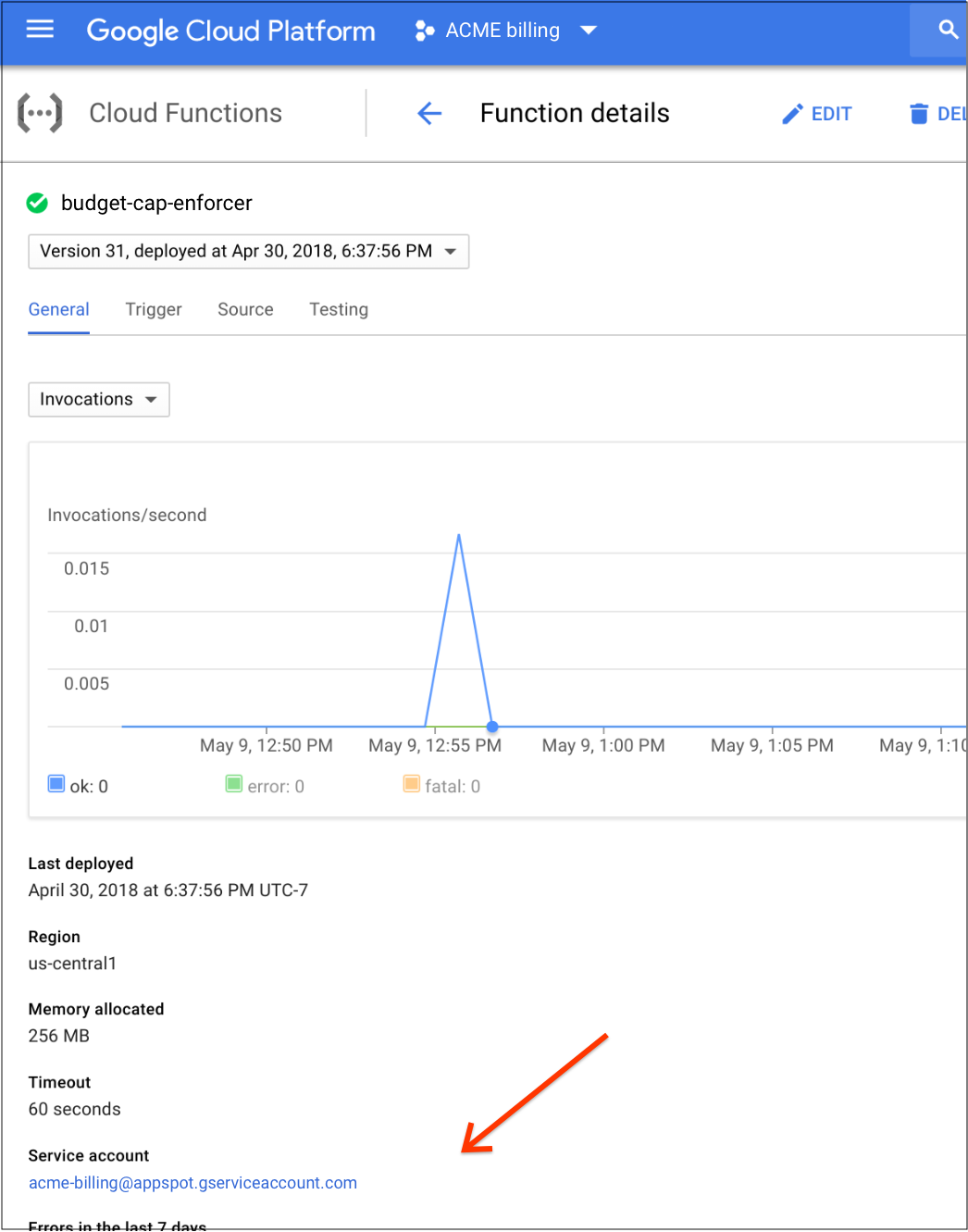 Indique l&#39;emplacement des informations du compte de service dans la section &quot;Fonction Cloud&quot; de la console Google Cloud.