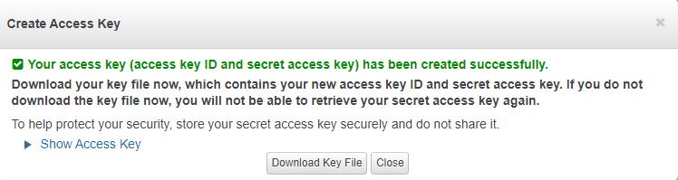 Caixa de diálogo AWS Create Access Key