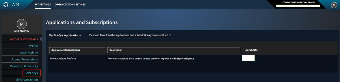 FireEye Helix의 API 키 탭