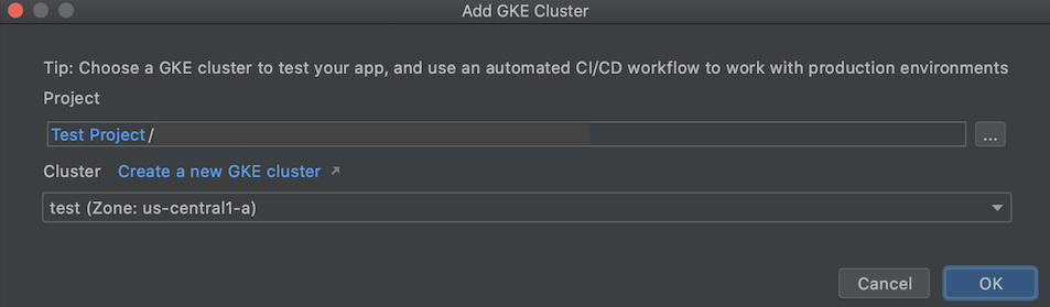 透過 Kubernetes Explorer 對話方塊新增 GKE 叢集，其中包含專案和叢集名稱欄位