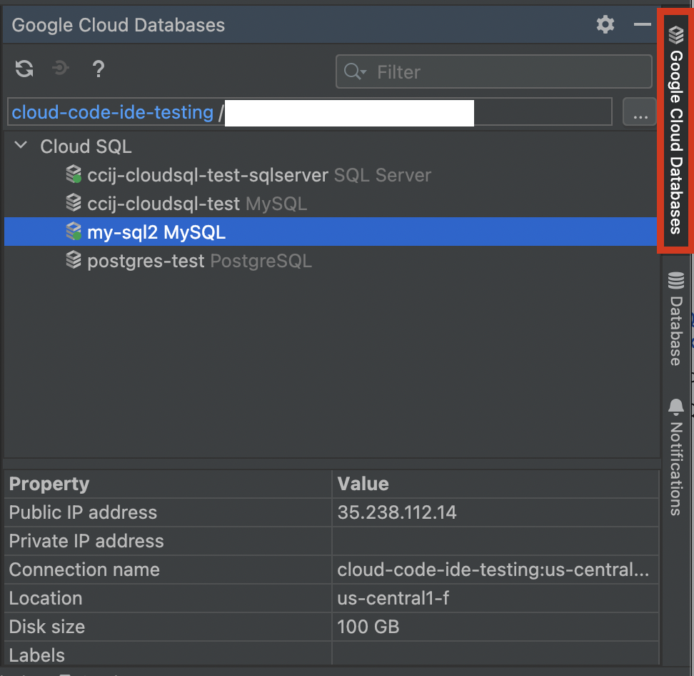 Finestra degli strumenti Cloud SQL