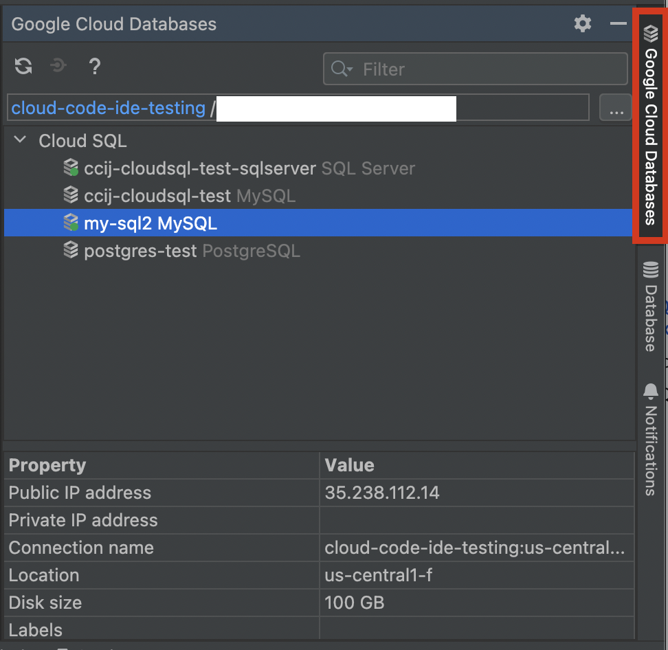 Cloud SQL 工具視窗