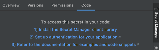 Secret Manager 面板的「Code」分頁，列出程式碼中存取密鑰所需的步驟