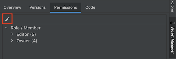 Secret Manager에서 선택된 권한 탭 및 강조표시된 권한 수정 아이콘