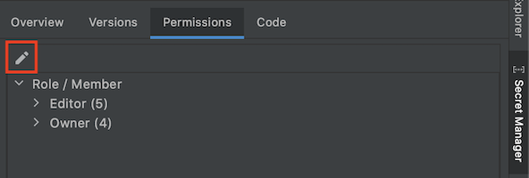 在 Secret Manager 中選取「Permissions」分頁，並醒目顯示「Edit Permissions」圖示
