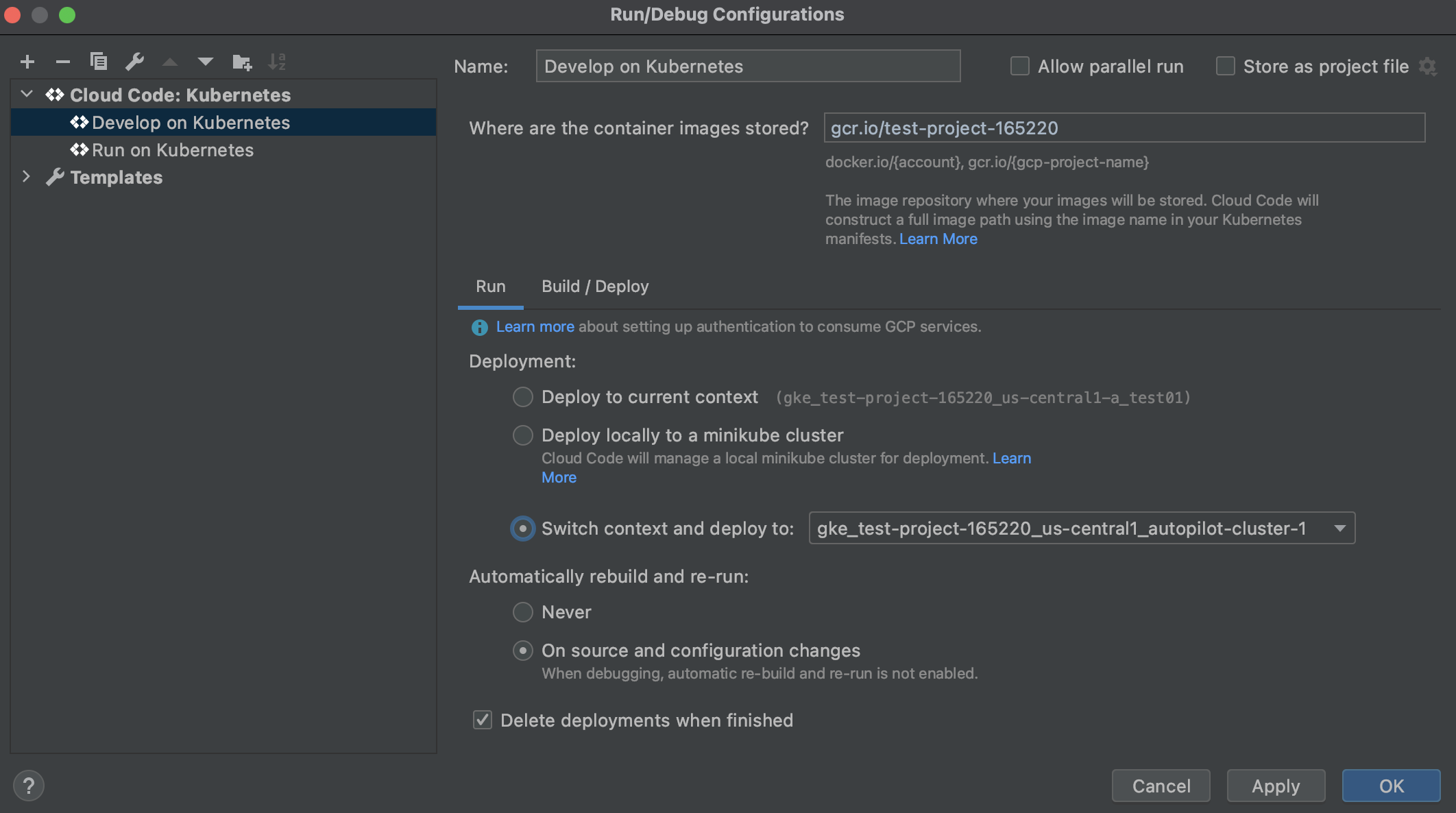 在 Cloud Code Kubernetes 設定中選取 Kubernetes 部署內容