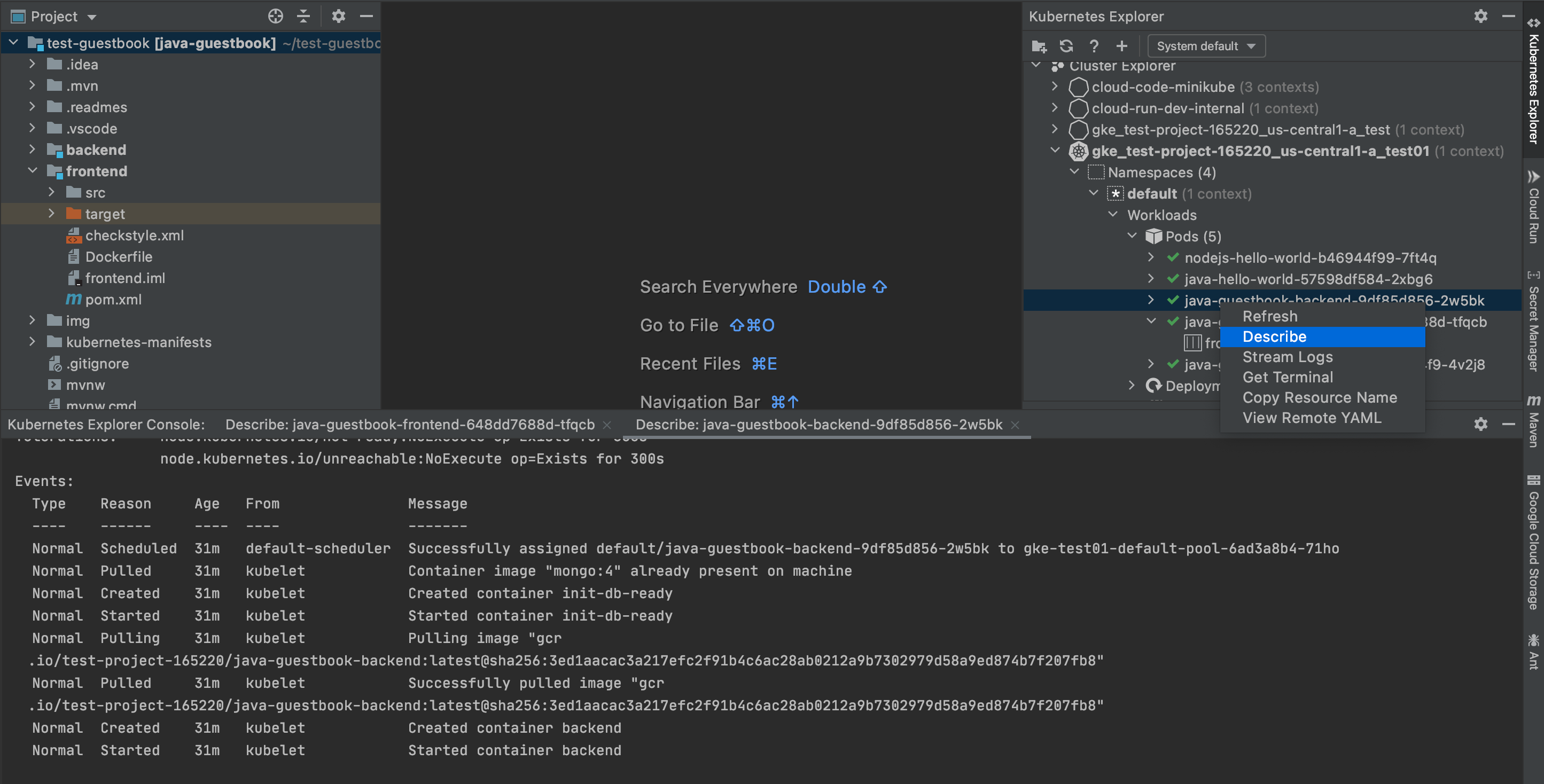 Opzione Descrivi disponibile quando fai clic con il tasto destro del mouse su una risorsa appropriata all&#39;interno di Kubernetes Explorer e scegli Descrivi