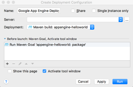 Screenshot yang menampilkan kolom pada dialog Create Deployment
Configuration.