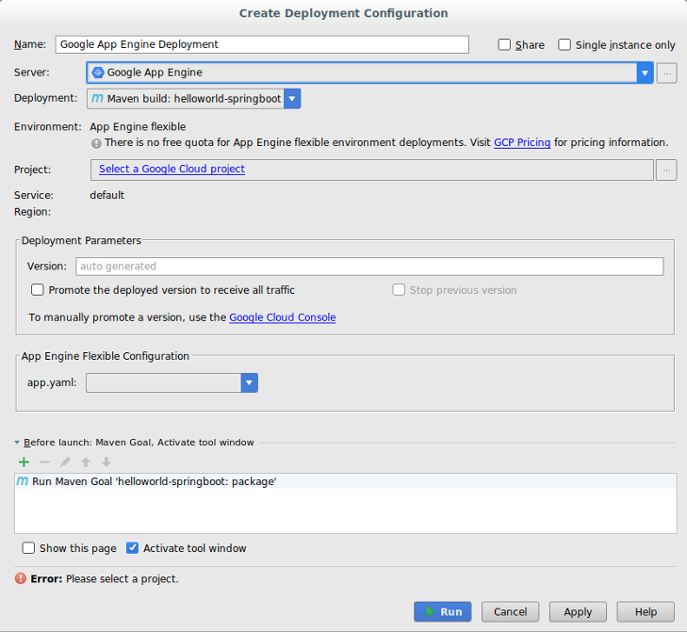 Create Deployment Configuration(배포 구성 만들기) 대화상자. Name(이름), Server(서버), Deployment(배포), Project(프로젝트), Version(버전), app.yaml 필드가 있습니다.