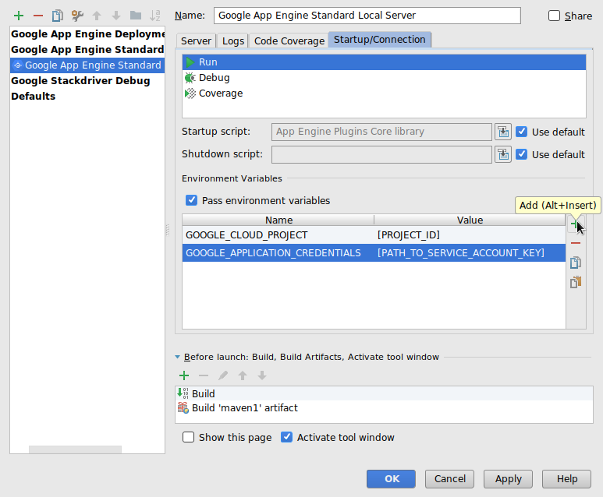 ローカル サーバーの環境変数に焦点を当てて、[Run/Debug Configurations] ダイアログを示すスクリーンショット。