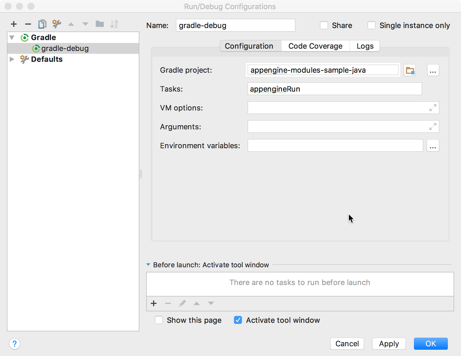 Screenshot yang menampilkan dialog Run/Debug Configurations.