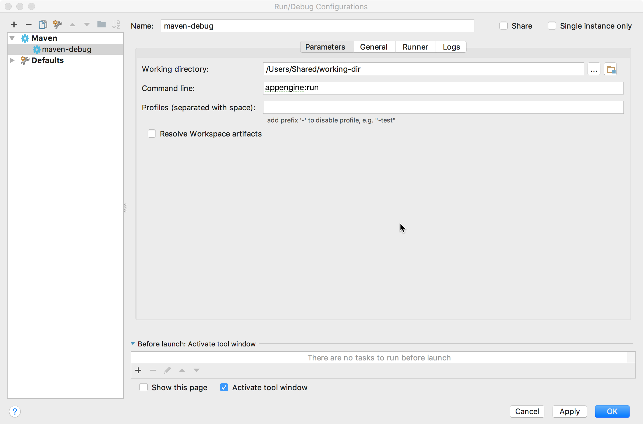 顯示 [Run/Debug Configurations] 對話方塊的螢幕擷取畫面。