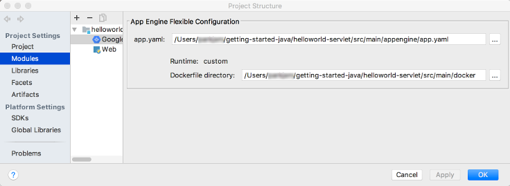 Finestra di dialogo che mostra la sezione della configurazione flessibile di App Engine della schermata di creazione delle configurazioni di deployment. Un campo mostra il percorso del file app.yaml. È presente un pulsante di modifica per selezionare un altro
file. Un&#39;etichetta mostra il runtime come personalizzato. Un&#39;etichetta mostra il percorso del
file Docker. Un campo del nome dell&#39;elemento sottoposto a staging mostra il percorso del
file Docker.