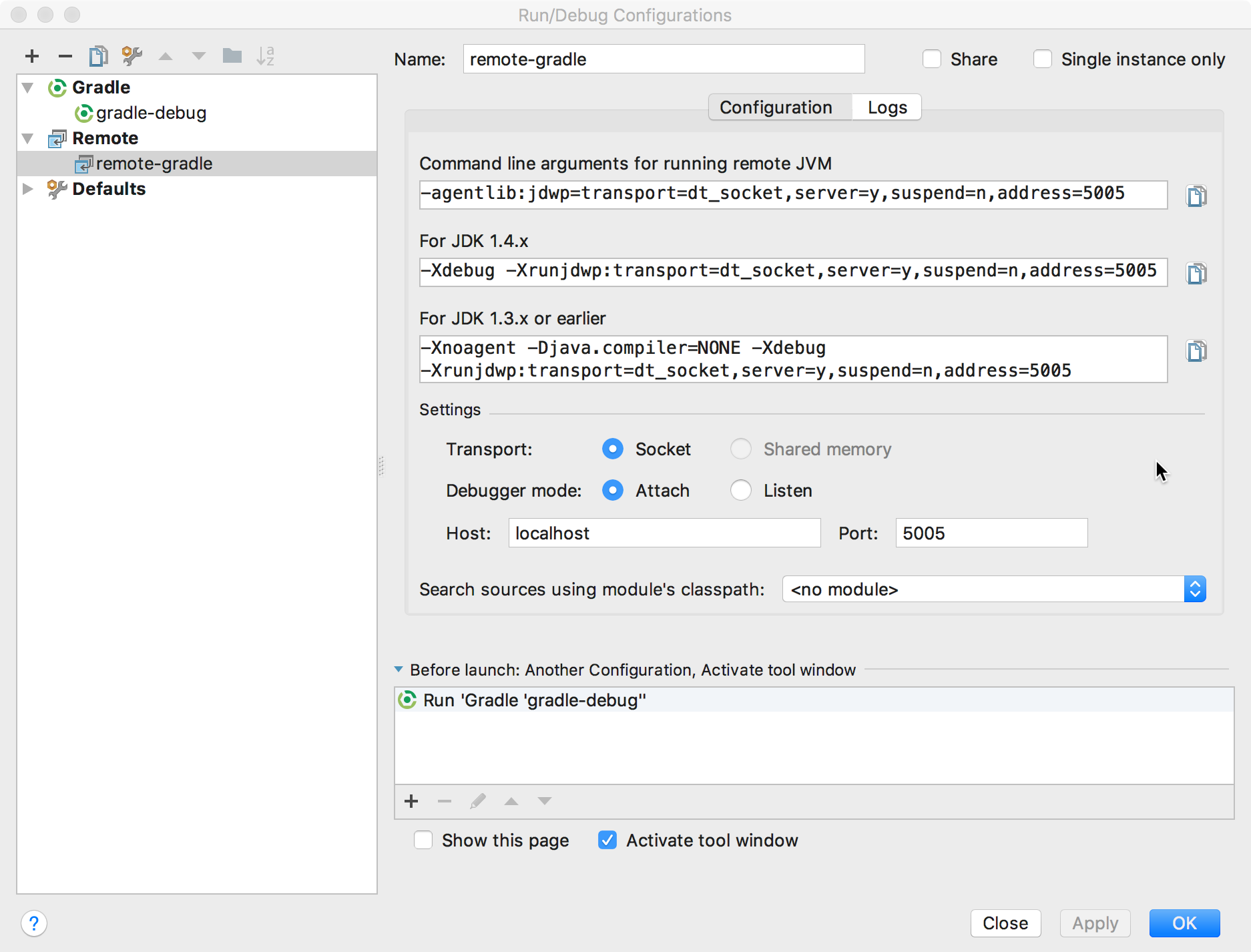 顯示「Debug Configurations」對話方塊的螢幕截圖。
