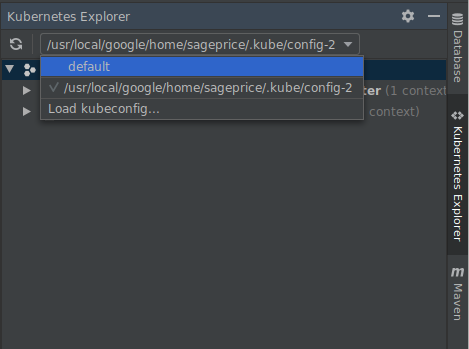 Expanding the kubeconfig dropdown menu.