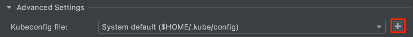 在「執行設定」中編輯 kubeconfig 設定。提供下拉式選單，可選取已新增的 kubeconfig，以及按鈕可新增新的 kubeconfig。