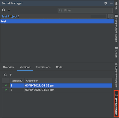 右側側欄中標示的 Cloud Code 中的 Secret Manager 分頁，以及開啟的 Secret Manager 面板，其中列出三個密鑰，並在底部窗格中列出密鑰「test」的版本詳細資料