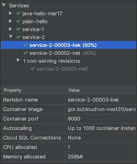 Cloud Run Explorer 顯示服務下方的有效和無效修訂版本
