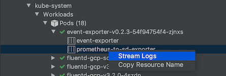 使用容器的滑鼠右鍵選單，從容器串流記錄，並將記錄輸出至 Kubernetes Explorer 主控台