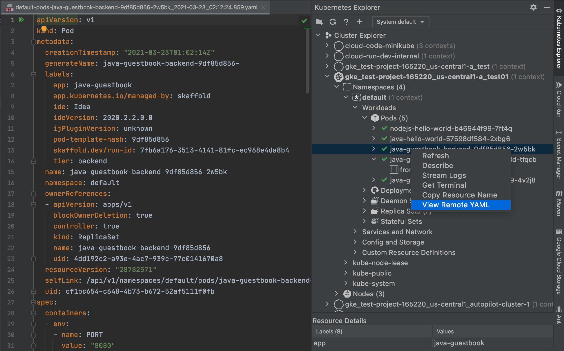 如要查看 Pod 的 YAML，請在 Kubernetes Explorer 中按一下 Pod 的標籤，然後選擇「View Remote YAML」