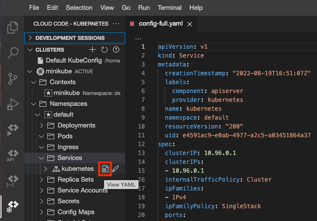 Kubernetes service YAML opened using the View YAML icon