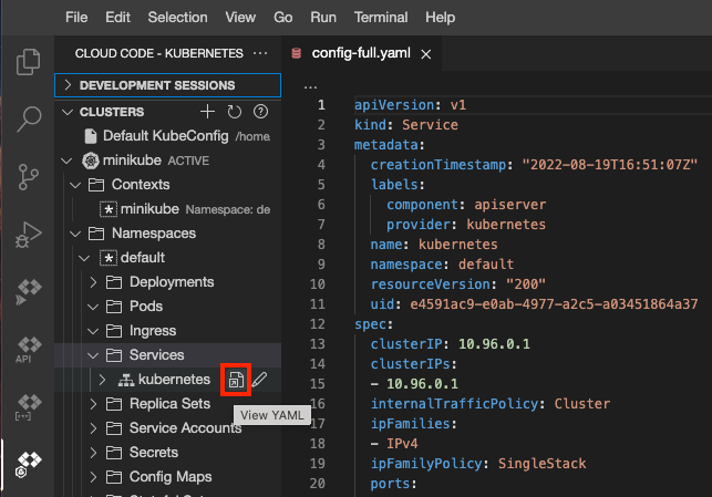 使用「View YAML」圖示開啟的 Kubernetes 服務 YAML