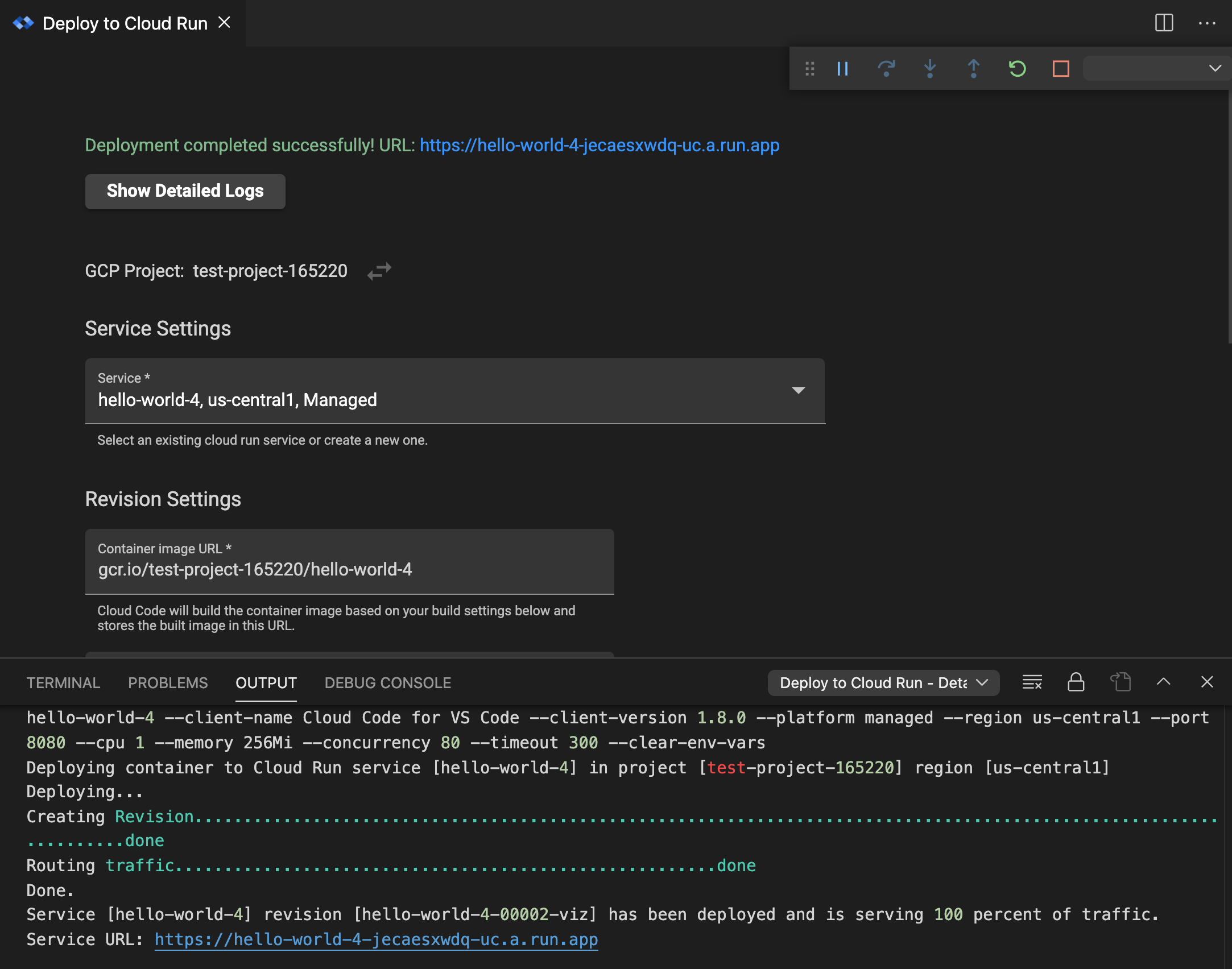 在「Deploy to Cloud Run」UI 中顯示的執行中服務網址，以及下方的「Show detailed logs」按鈕