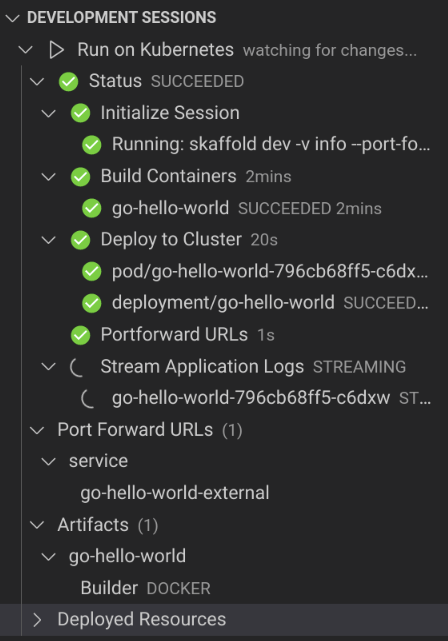 「Development sessions」窗格