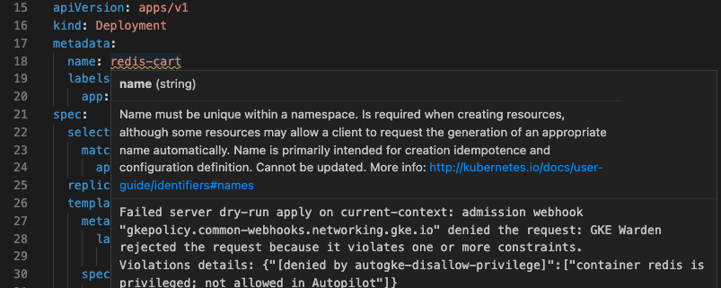 在 `hello.deployment.yaml` 上，伺服器端的模擬驗證失敗，並以浮動式訊息顯示錯誤訊息。錯誤的詳細資料位於輸出管道中；命名空間「random-namespace」不存在