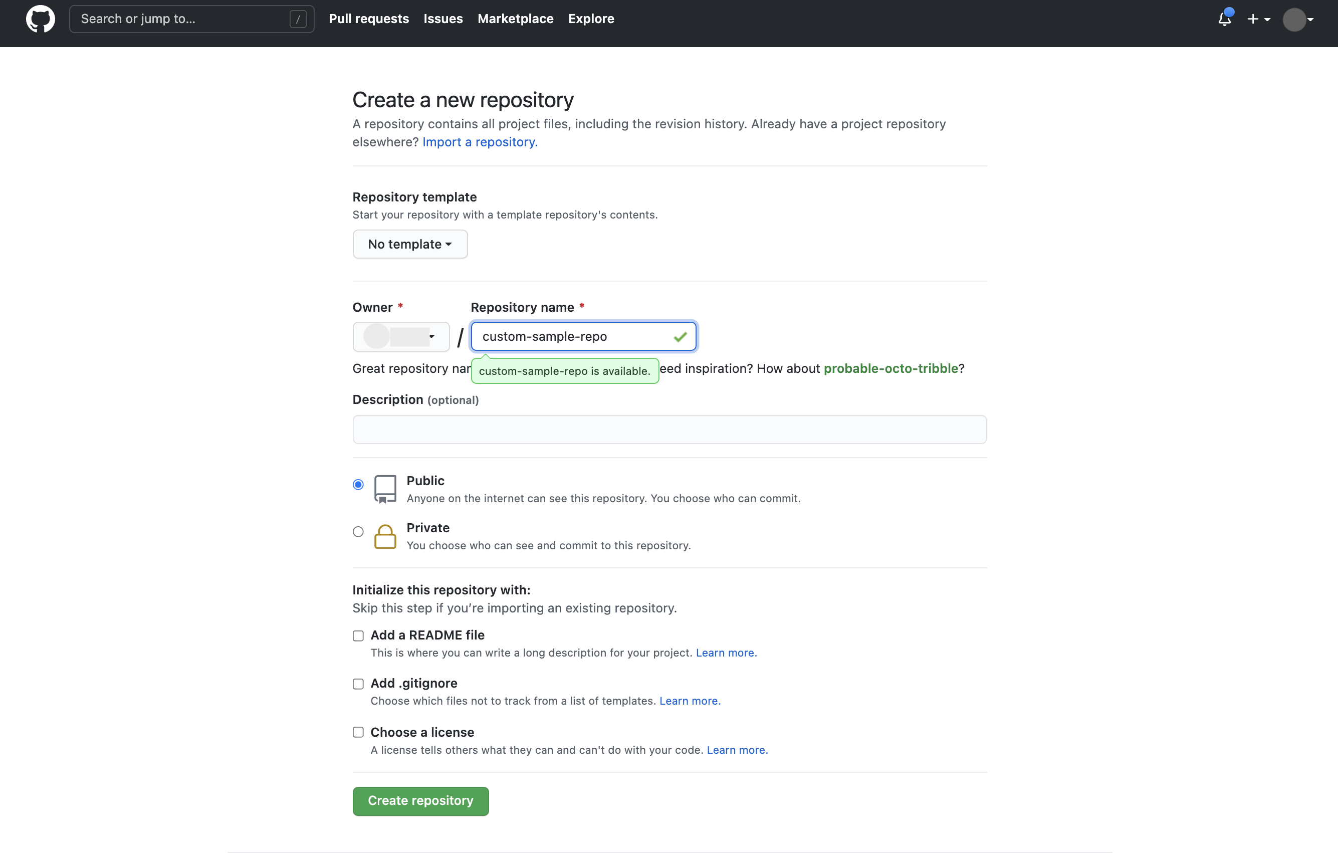 Interface de création de dépôt GitHub avec la valeur &quot;custom-sample-repo&quot; renseignée dans le champ de nom du dépôt