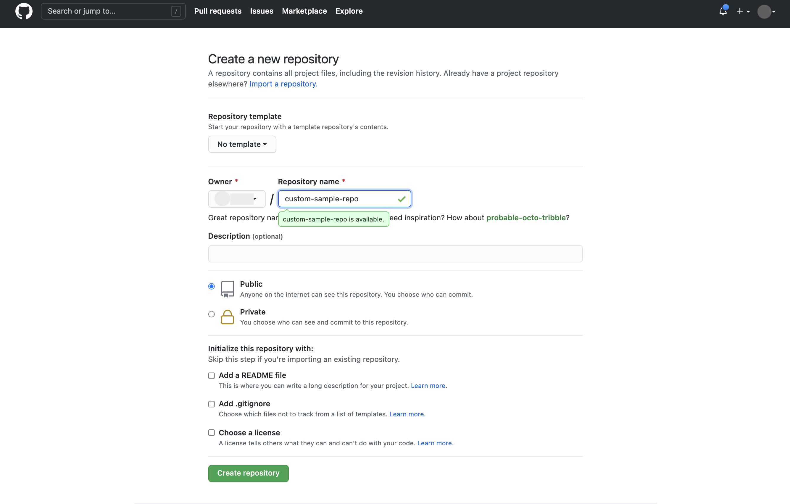 GitHub 存放區建立介面，其中存放區名稱欄位已填入「custom-sample-repo」