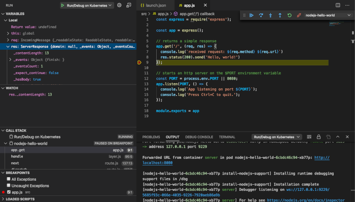 Debugging-Sitzung, bei der die Anwendung am Haltepunkt angehalten wurde, und deren Bereiche für Variablenwerte