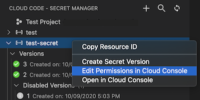 在 Secret Manager 面板中按一下密鑰的滑鼠右鍵