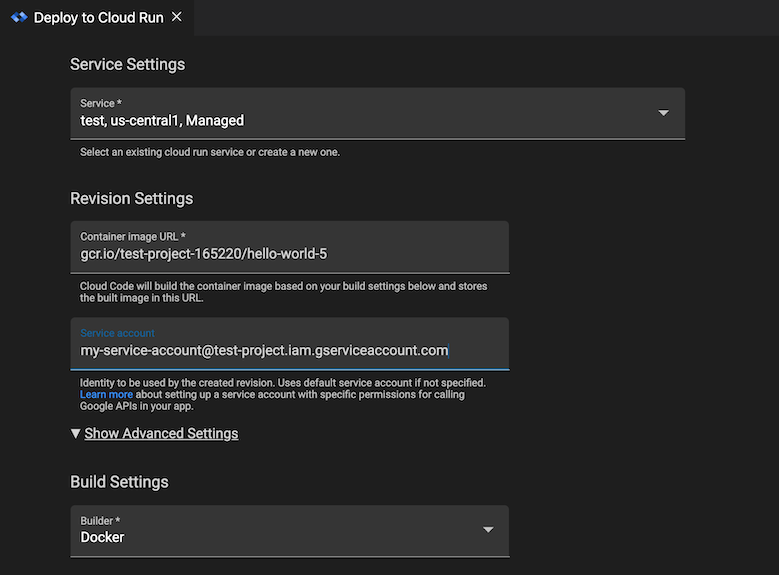 Sección de configuración avanzada de revisión expandida en Cloud Run: campo de implementación y cuenta de servicio con el nombre de cuenta de servicio del formato service-account-name@project-name.iam.gserviceaccount.com