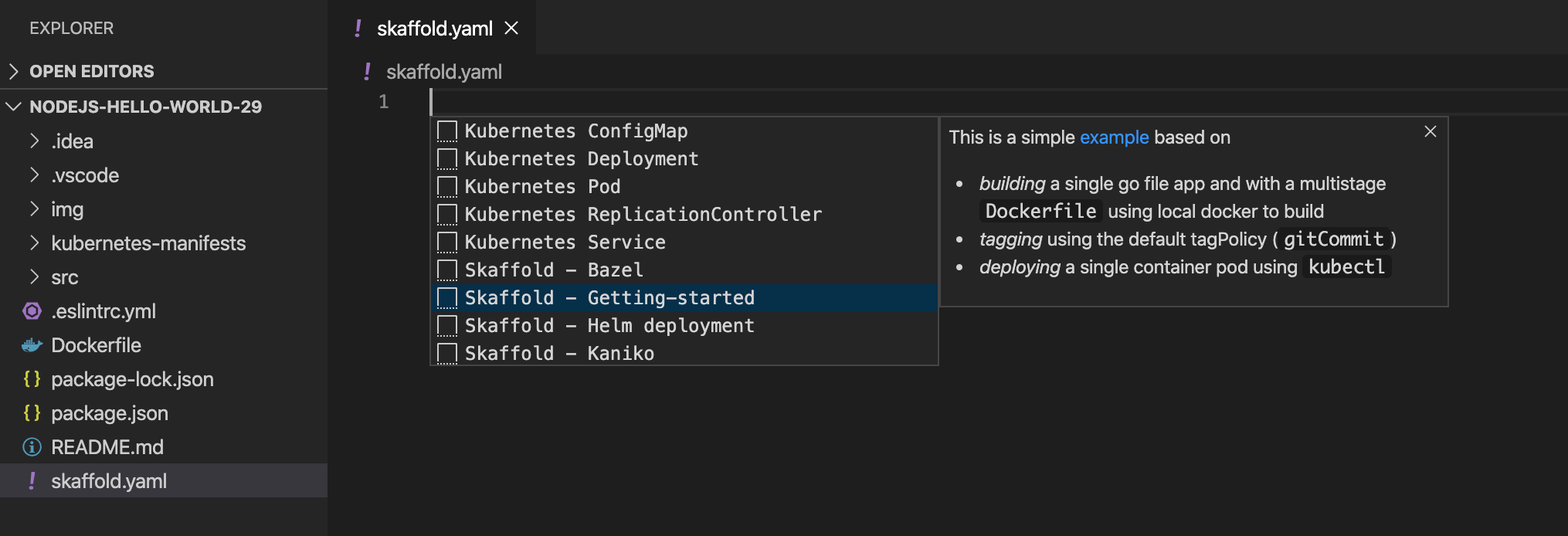 Crea la configuración de Skaffold de forma manual de Intellisense