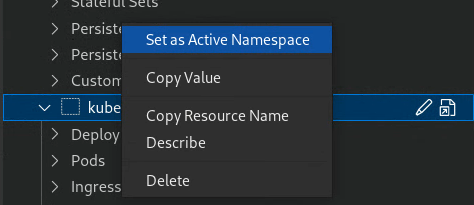 Set namespace as the current context using the right-click menu