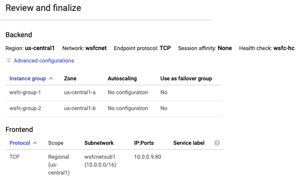 La console Google Cloud affiche les paramètres finaux de l&#39;équilibrage de charge interne.