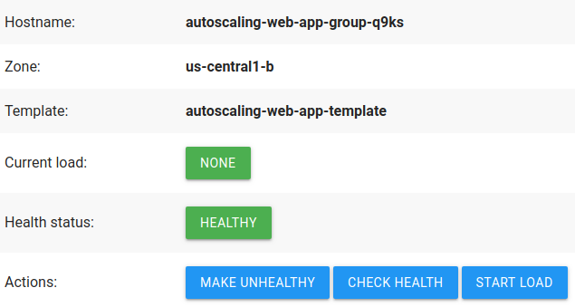 Demo dell&#39;applicazione web, che elenca informazioni sull&#39;istanza e dispone di pulsanti di azione.