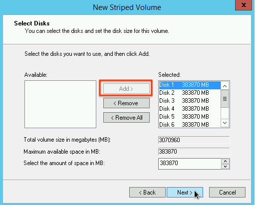 Seleziona le partizioni dell&#39;unità SSD locale da includere nell&#39;array.