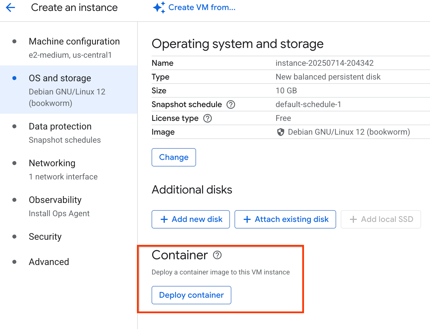 The Deploy container option.
