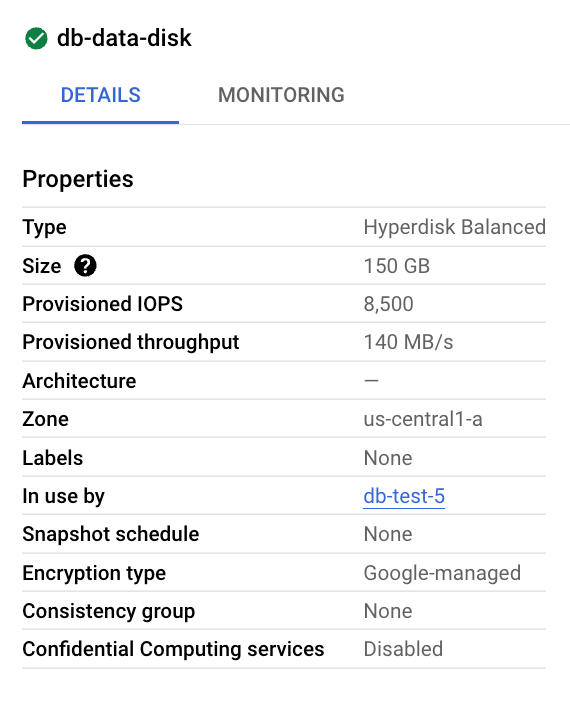 Captura de pantalla de las propiedades configuradas para un disco Hyperdisk equilibrado