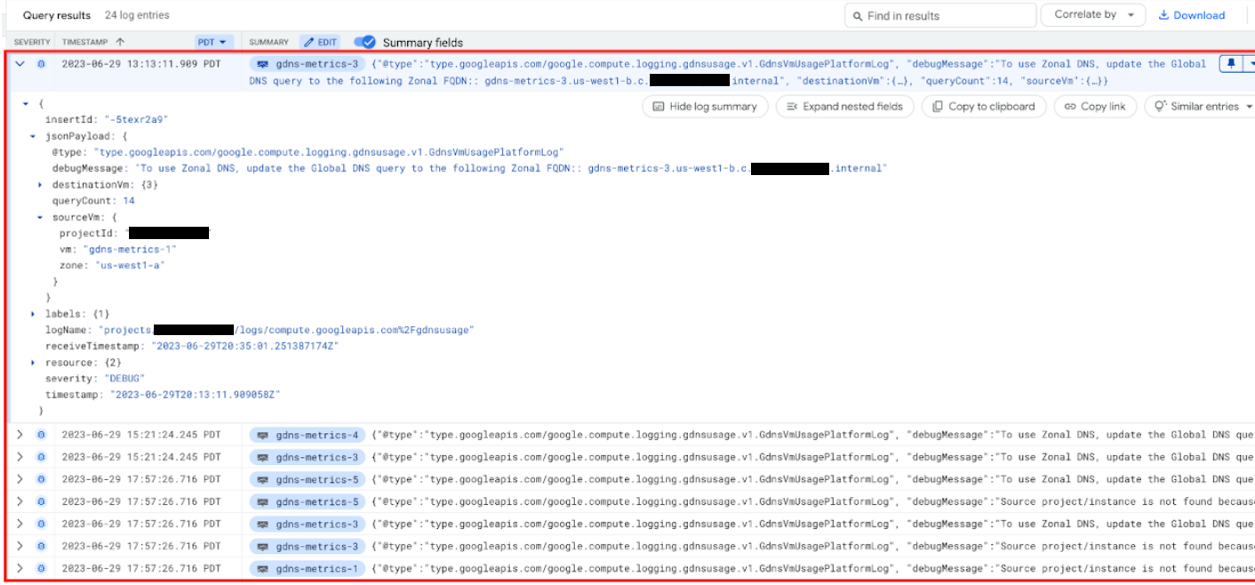 Screenshot di jsonPayload nei risultati della query del log gdnsusage